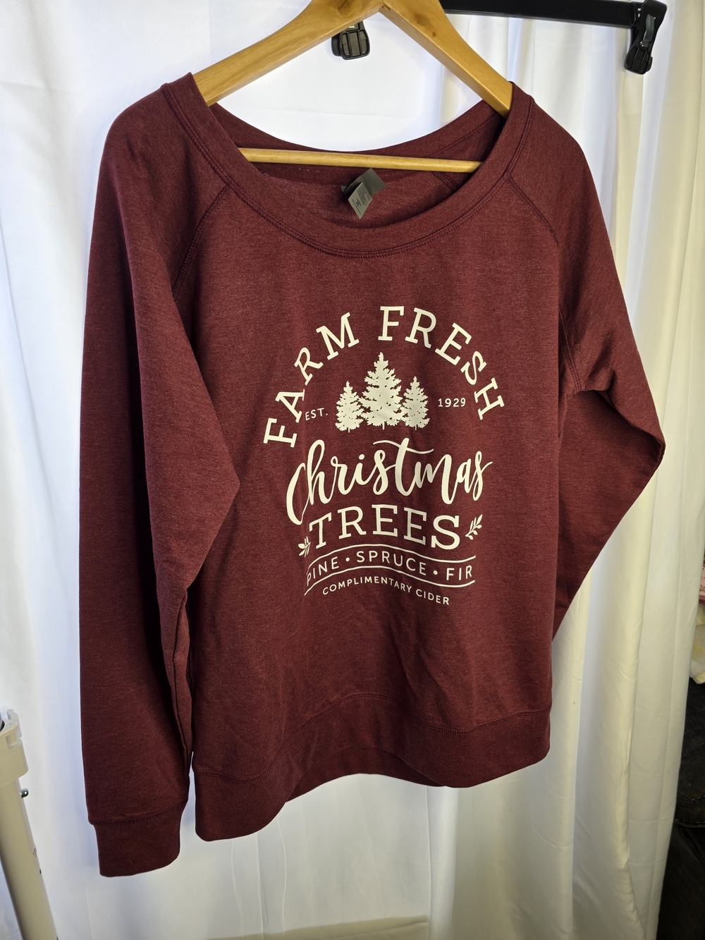 Women's Burgundy Crewneck Sweatshirt with Christmas Tree Graphic